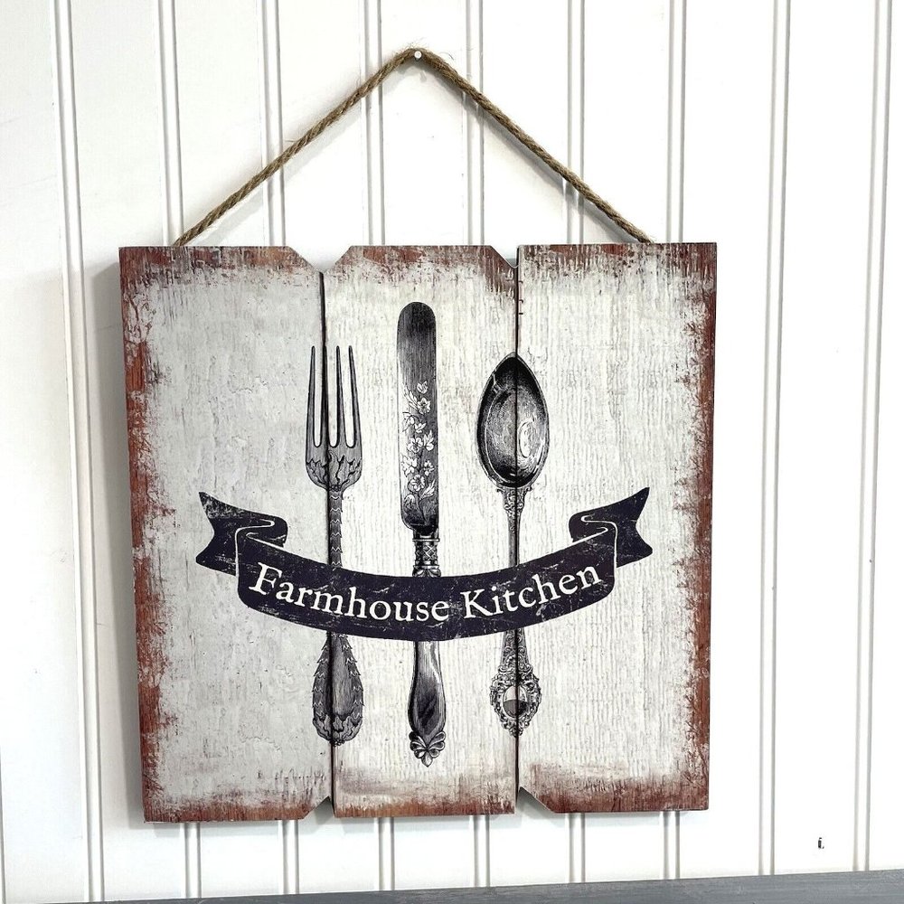 Farmhouse Kitchen Wooden Wall Decor Hang By Jute‎ Rope Rustic Spoon Fork Knife